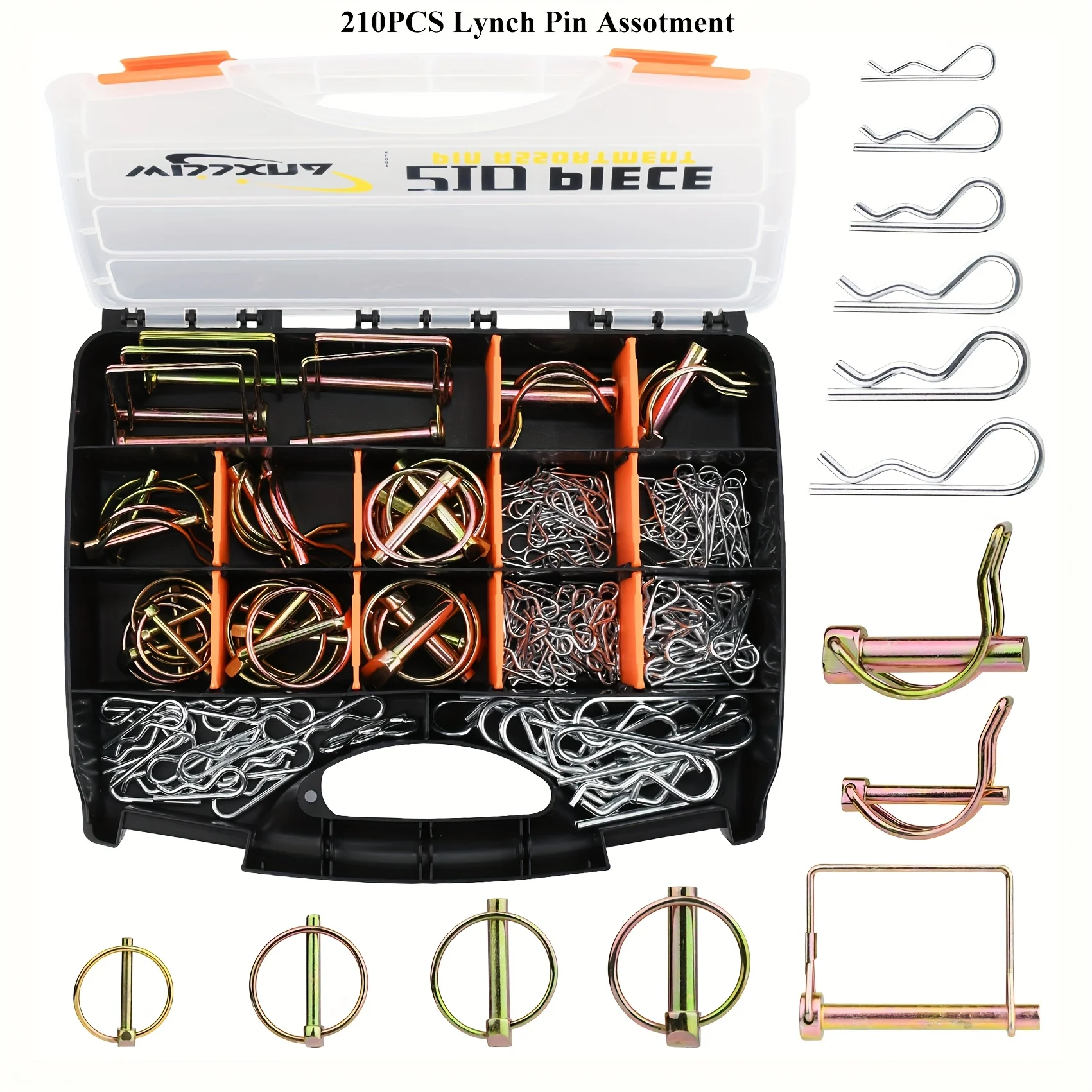 

210pcs Heavy Duty PTO And Hitch Lynch Pins, Clip And Cast Iron Pull Ring & Positioning Pin for Trucks, Tractors, Hand Carts, Towing Mowing, Lawn Mowers & Trailers
