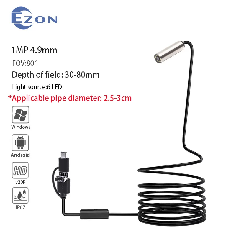 

1 МП 4,9 мм FOV 80 ° USB-эндоскоп IP67 для проверки механического обслуживания, 1,5 м, мягкий шнур Type-C, 6 светодиодов, электронный эндоскоп