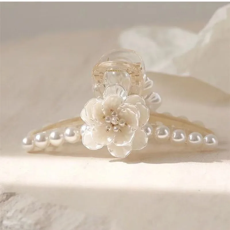 مشبك إمساك على شكل زهرة اللؤلؤ، مشبك شعر كبير على شكل قرش، دبوس شعر للرأس الخلفي