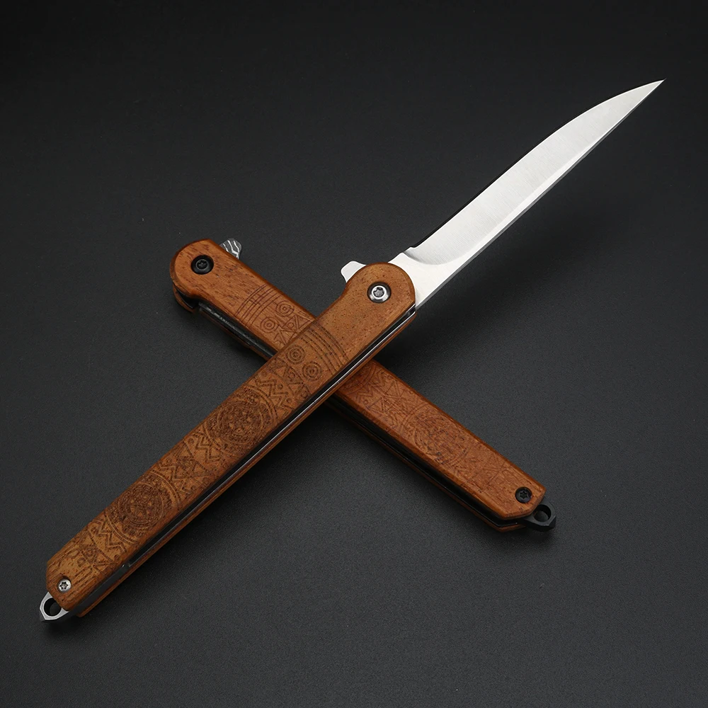 Imagem -03 - Sândalo Faca Dobrável Faca de Damasco Alta Dureza Acampamento ao ar Livre Ferramenta Edc Incluindo Scabbard Amarelo