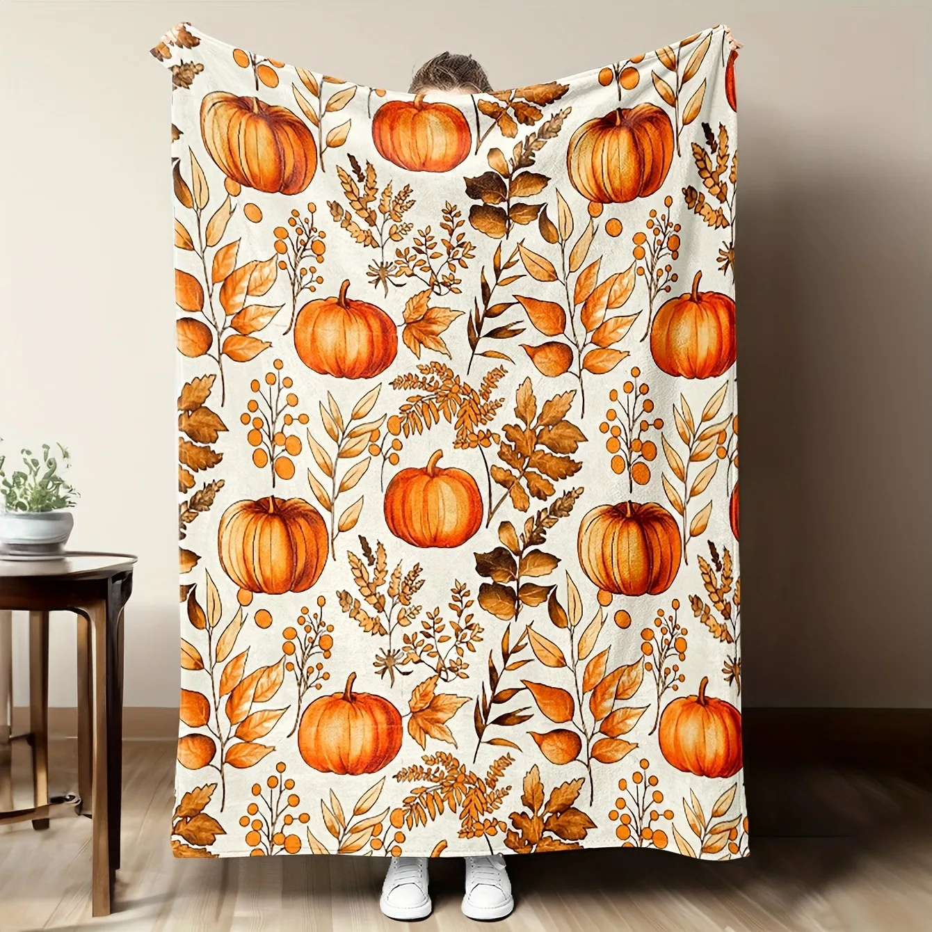 1pc Pumpkin Leaves Berry Blanket Gift Halloween X-mas Flannel Blankets Women Men Family Festival Decoration Gift Four Season Use