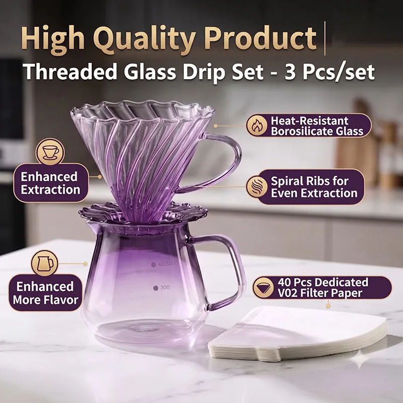 

Purple Gradient High Borosilicate Glass Coffee Filter Cup Set 400/600ml Home Office Brewing Sharing Pot with Filter Paper