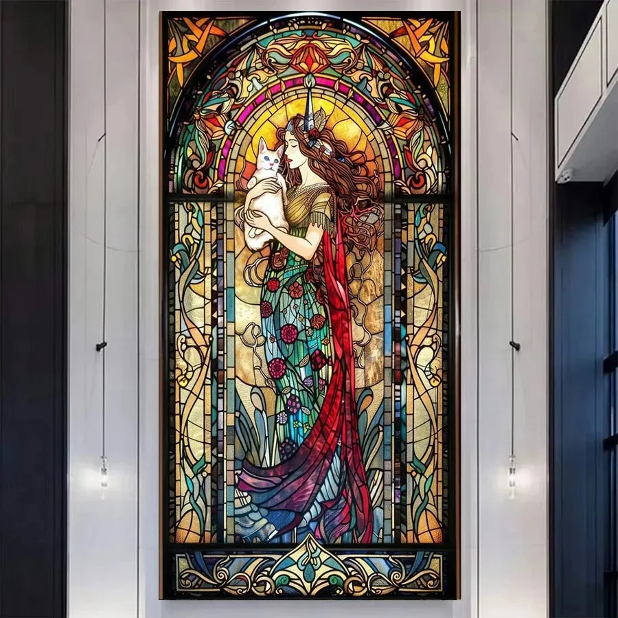 Stained Glass Beautiiful Woman And Cat DIY 5D Diamond Painting Kits Mosaic Full Diamond Embroidery Sale For Decor Large Size