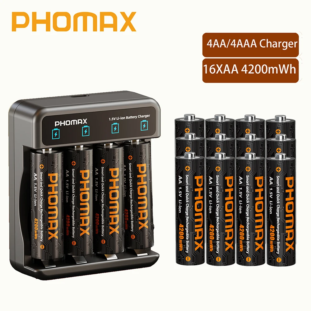 PHOMAX 2-32PC Oplaadbare lithiumbatterij 12-slots slimme snellader 1,5 V AA 4200 mWh batterijen voor koplamp speelgoedauto multimeter - afbeelding 1