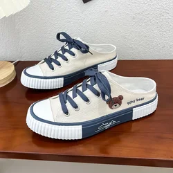 Spring Women Cute Bear Canvas Shoes New Flat Casual All-match Half Slippers Korean Version Trend Lace Up Ladies Vulcanized Shoes