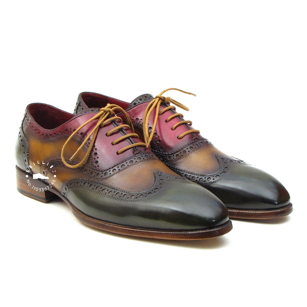 Zapatos Oxford pintados a mano de estilo Retro para hombres, Brogues de punta de alas de tres tonos, zapatos de cuero genuino con cordones, zapatos de negocios casuales elegantes