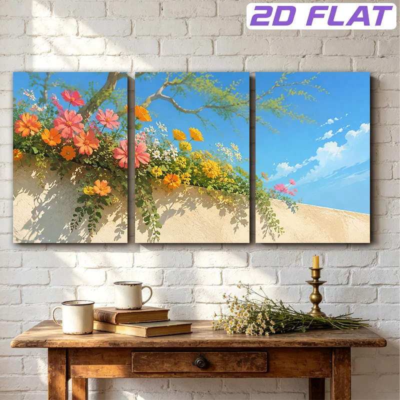 2D Flat, 2D Flat, 2D Flat 3pcs Unframed Canvas Painting Wall Art Blooming Flowers with Climbing Vines on Plain Wall Against C
