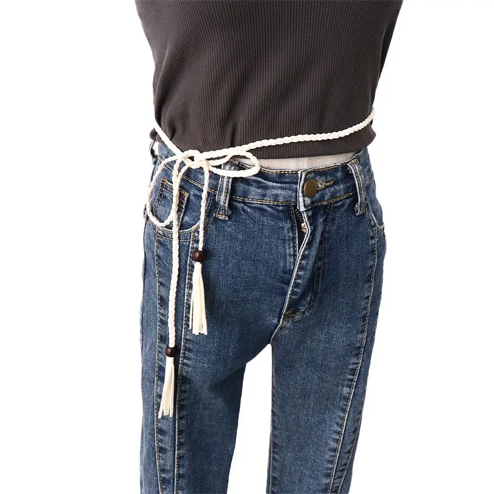 Retro Simple DIY Thin Belts Bohemian Wooden Bead Braided Tassel Belt Women Waist Chain Waist Rope Ethnic Style Belts