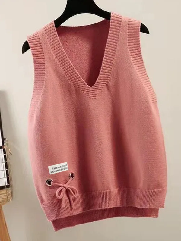 2026 New Loose Women's Short Knitted Vest Korean Style Spring Autumn V-Neck Sleeveless Sweater Jacket Trendy Outerwear