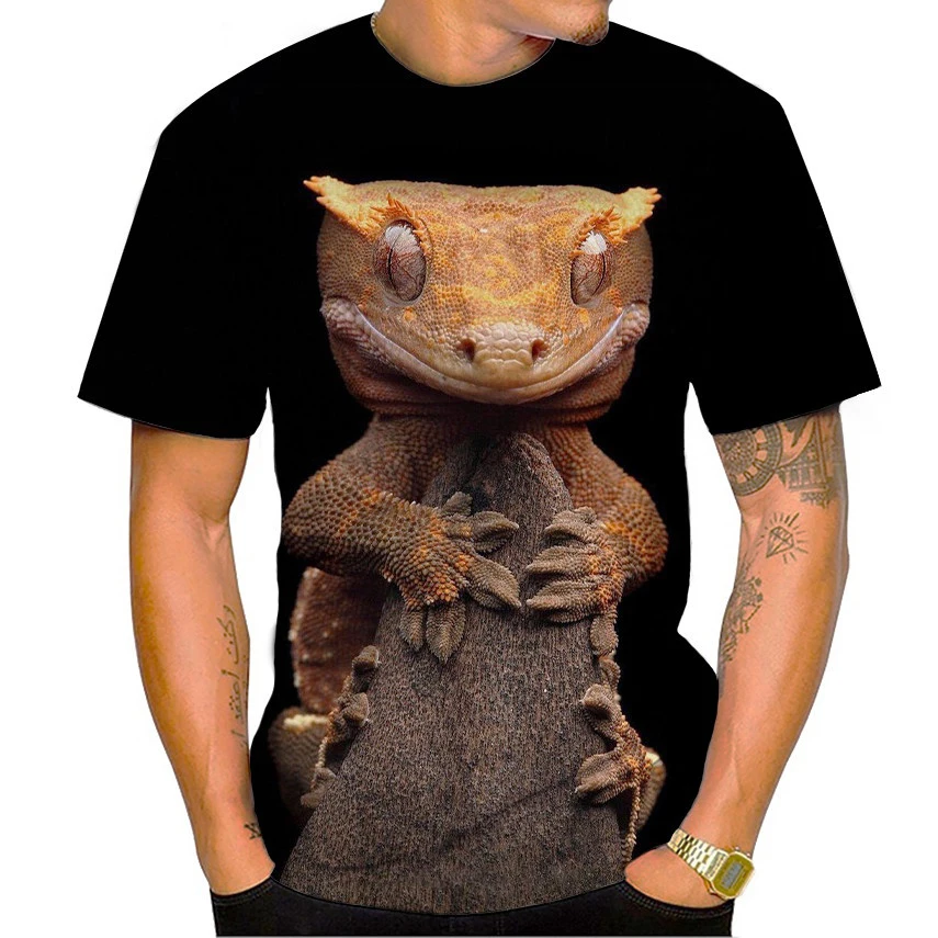 

New Summer Animal Series Cute Crested Gecko Funny 3D Printing Short-sleeved Tshirt Lizard Print Unisex Casual Round Neck T-shirt