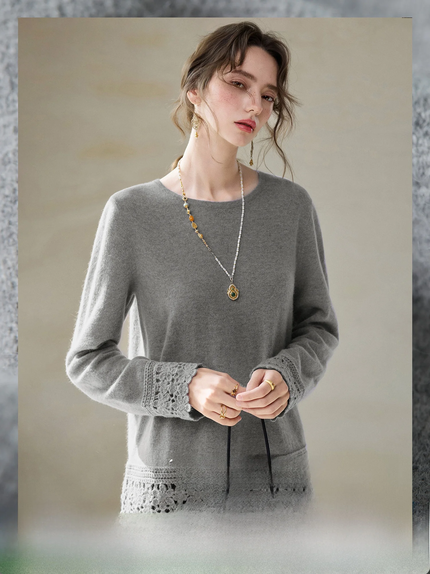 

Soft Woolen Knitted Sweater Hollow out Lace Design Versatile Winter Fashion Women's Straight Cut Sleeve Long round Neck Top