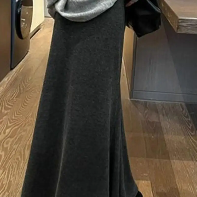 Dames retro donkergrijs zacht fleece gevoerd dik gedrapeerd a-lijn zeemeermin lange rok voor herfst winter nieuwe elegante mode rok