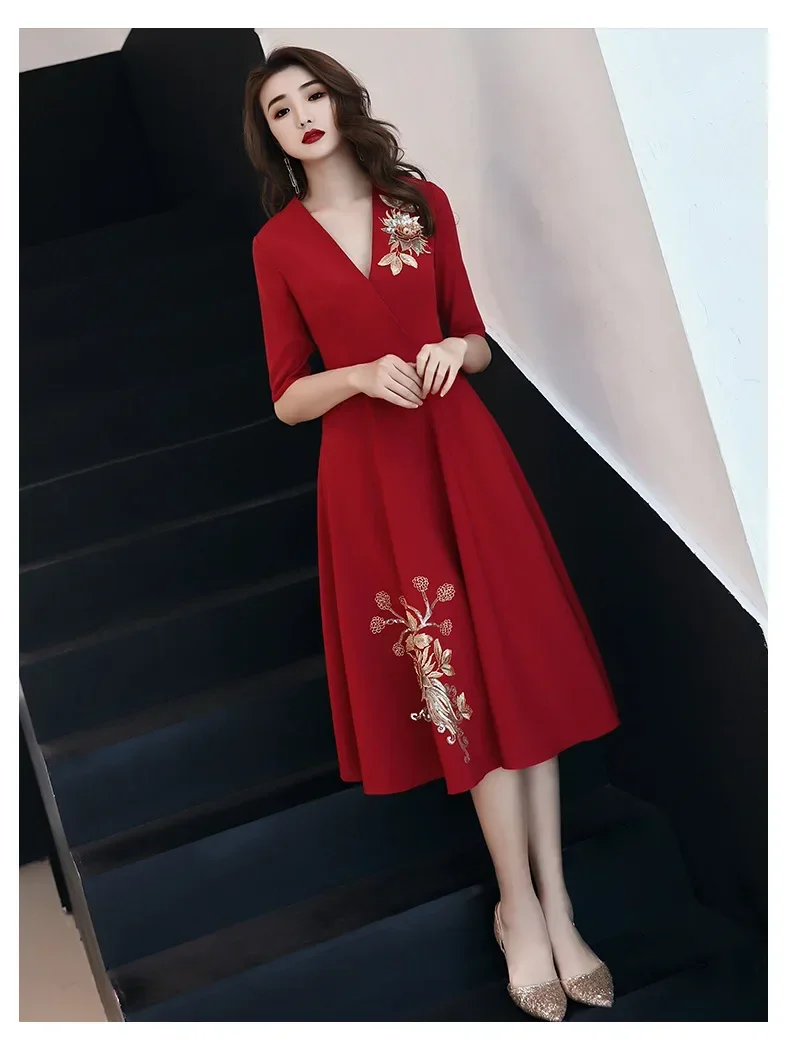 

Summer Burgundy Gold Embroidery V-neck Sexy Party-dress Vintage Evening-dress Banquet Elegant Noble Prom-dress Daily Wear