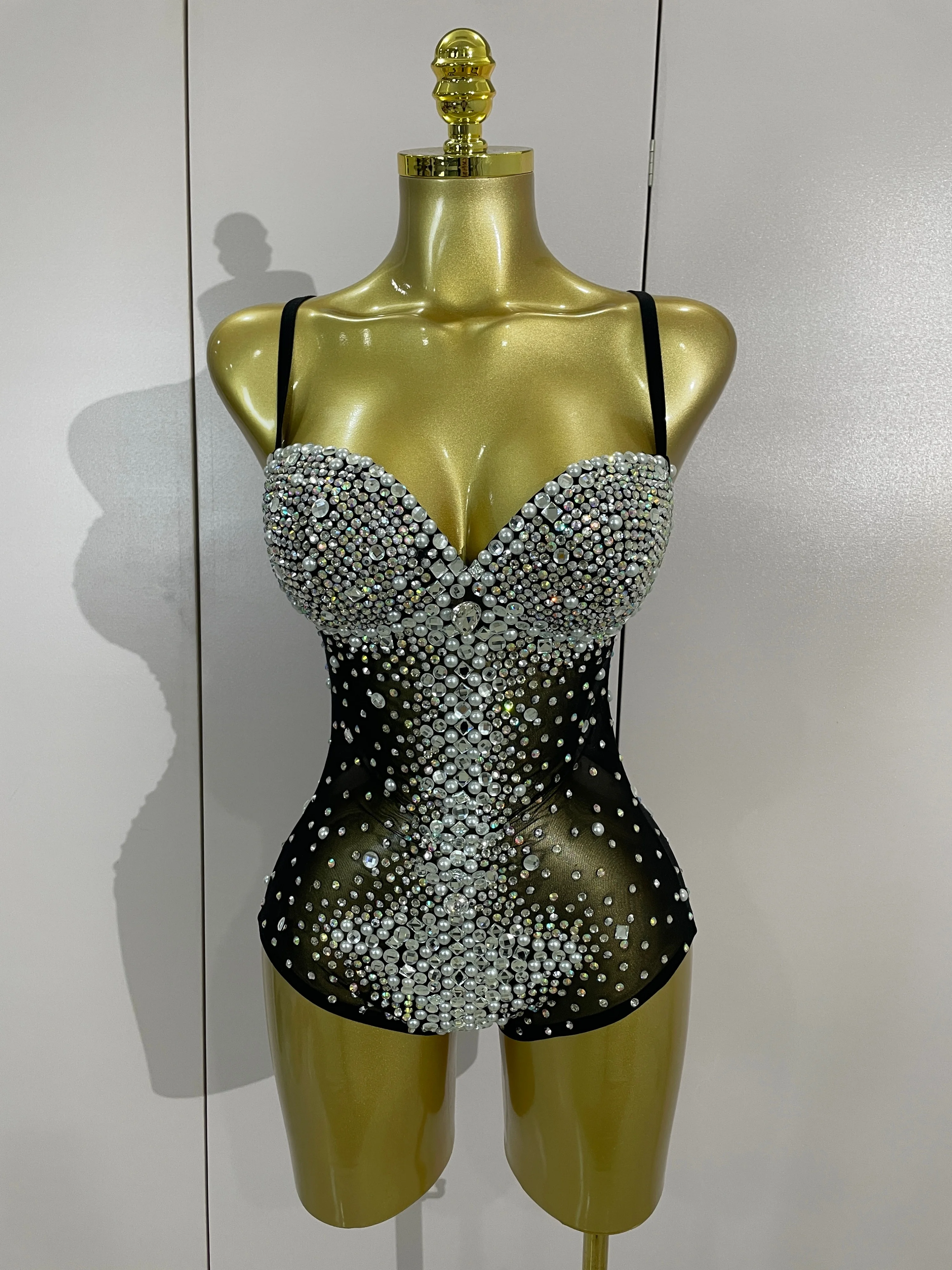 Sexy Celebrate Party Nightclub Bar Dancer Performance Stage Wear Sparkly Rhinestones Pearls Mesh See Through Stretch Bodysuits