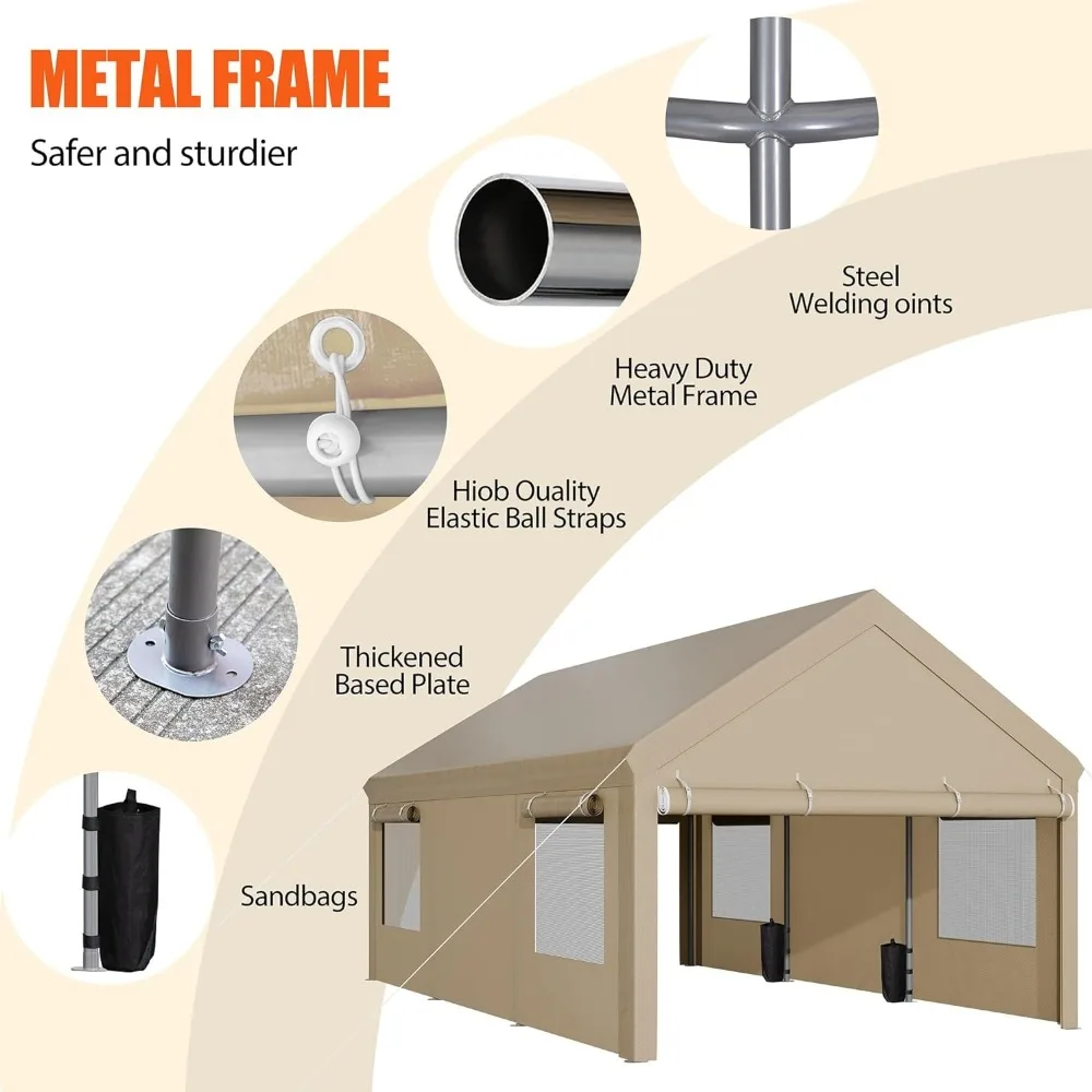 Heavy Duty Carport with Sandbags, Portable Garage, Car Canopy, All-Season Tarp, Boat, Truck, Motorcycle, 12x20 Ft