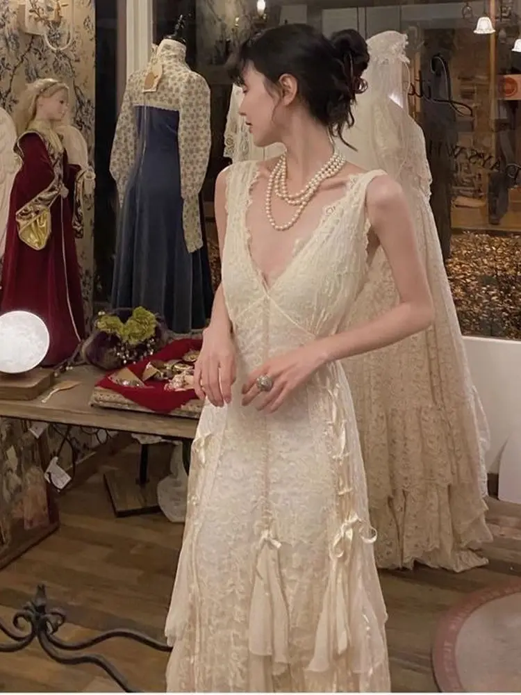 Suknia wieczorowa Ele V-Ne Lace Dr, klasyczna, długa, w stylu vintage, szlafrok poranny, sukienka letnia w stylu wróżki.