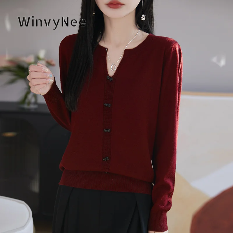 WinvyNee Women Premium Pure Wool Waistcoat Solid Color Bowknot Buckle Office Layering Warm Knit Fashion Pullover Coat ZA1223005