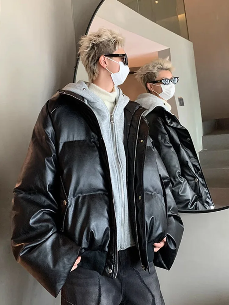 Jaket Pria Musim Dingin Berbahan Kulit PU dan Katun, Model Hoodie Longgar, Mantel Hangat Gaya Remaja, Pakaian Luar Kasual untuk Jalan-Jalan