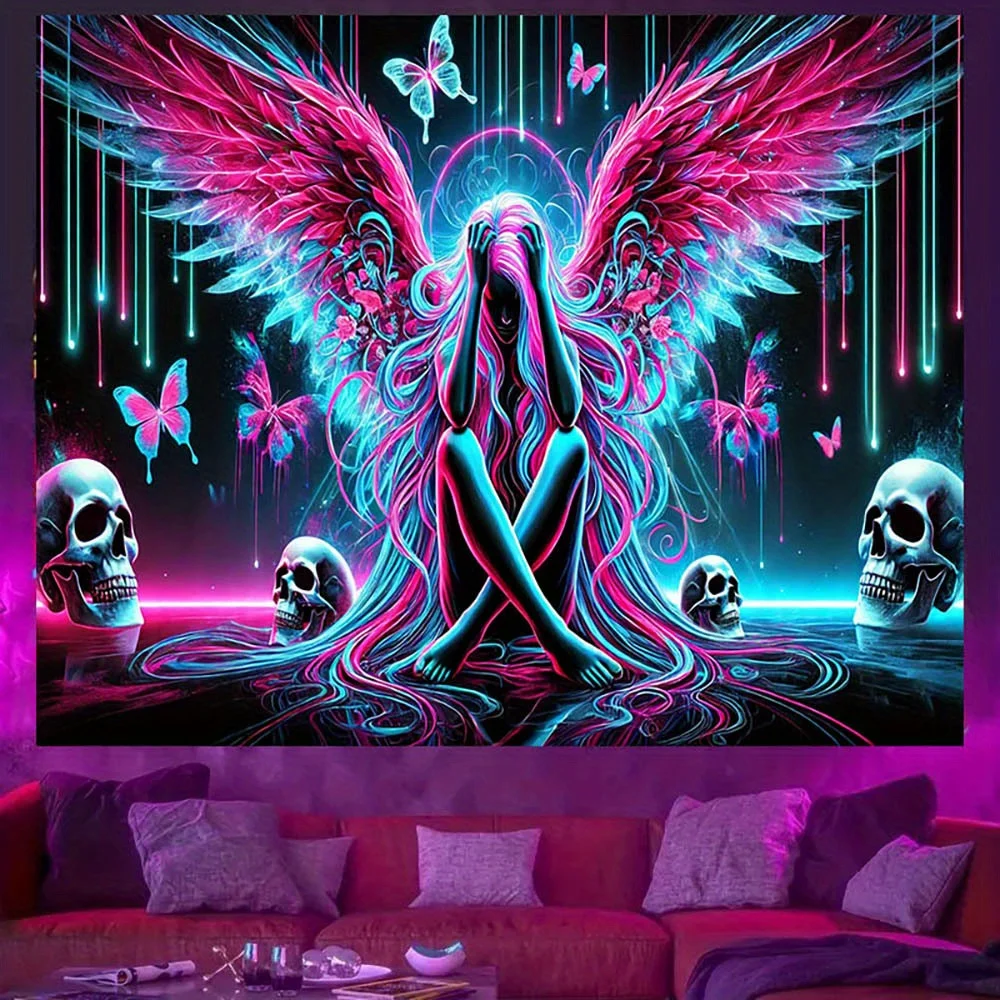 UV Reflective Neon Tapestry Pink Wings Evil Angel Home Bar and Outdoor Decoration Fantasy Pattern Suitable for Living Room