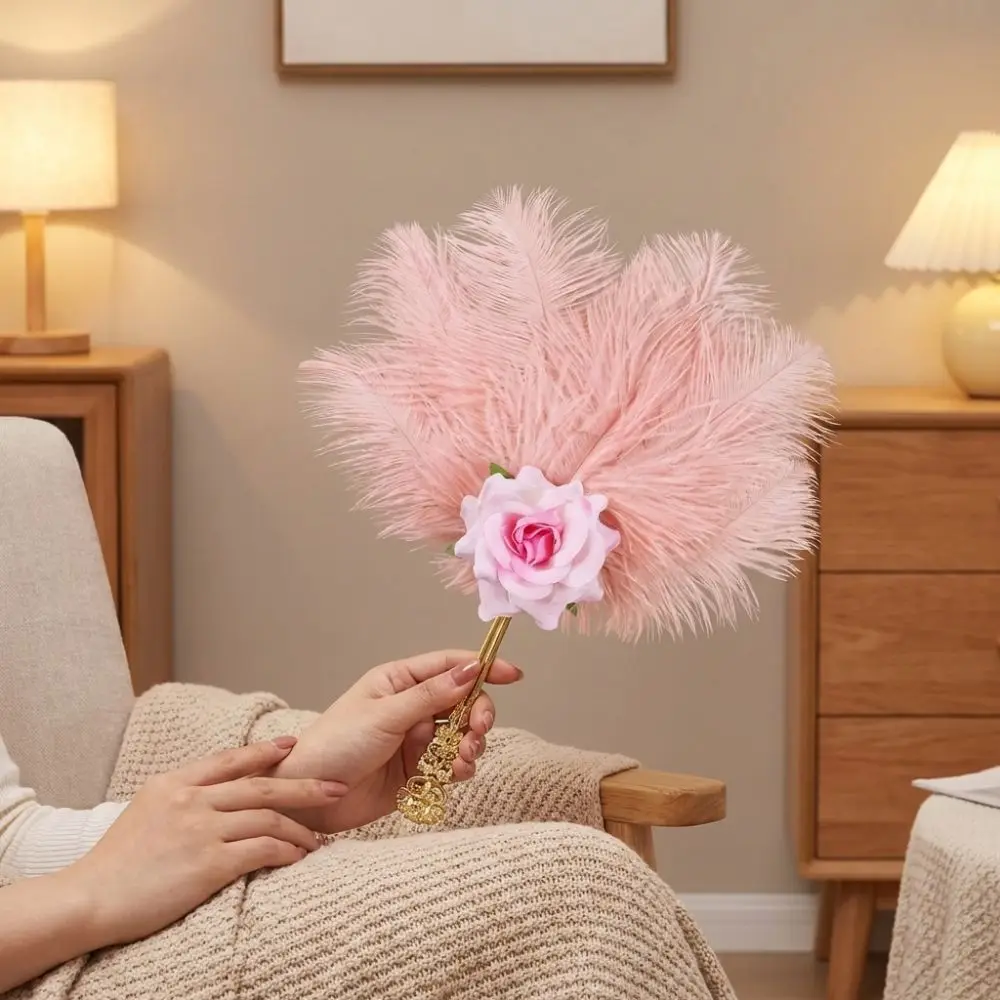 Gold Handle Ostrich Feather Fan Soft Fluffy Handmade Craft Feather Rose Fan Artificial Rose Chinese Hand Fan Fan Wedding Events
