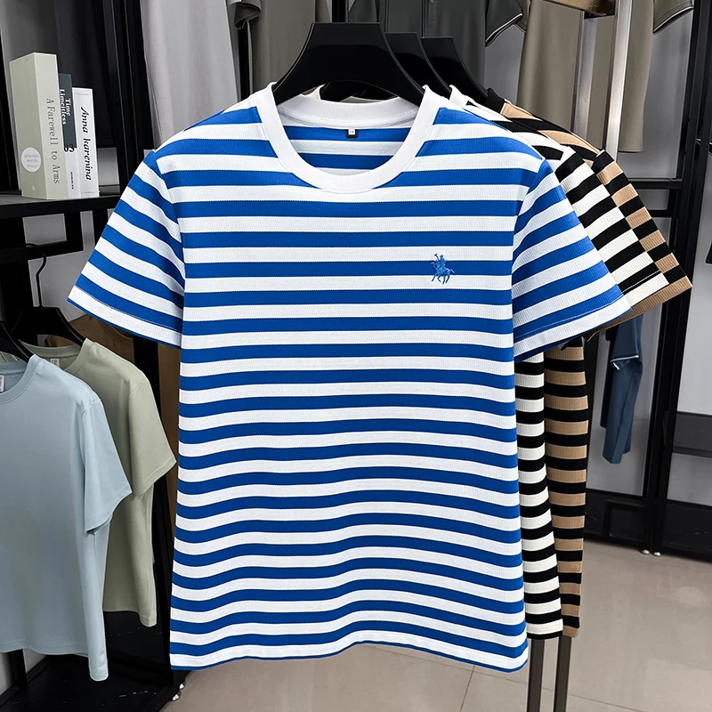 الراقية الرجال تي شيرتات قصيرة الاكمام أزياء العلامة التجارية بول المهر المطرزة الصيف مريحة عارضة الكلاسيكية مخطط جولة الرقبة أعلى #6