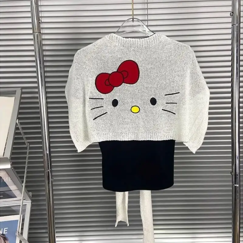 2026 New Hello Kitty Pattern Shawl Women's Summer Simple Top Dress Up Cute Cartoon Playful Knitted Shawl Sweet Girly Small Scarf view 6