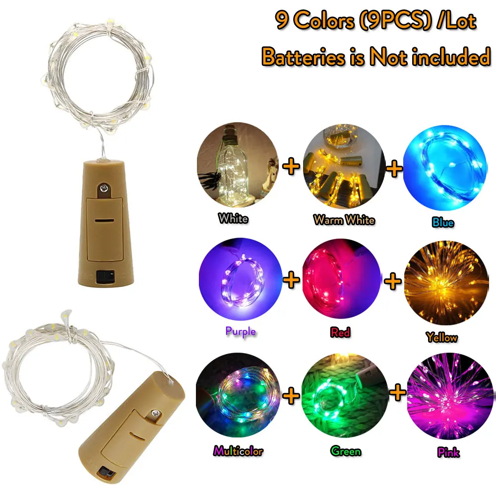 9PCS/Set 9 Colors 10 20 30LEDs 1M 3.28ft 2M 3M Cork Shaped LED String Light Copper Wire String Holiday Outdoor Fairy Lights