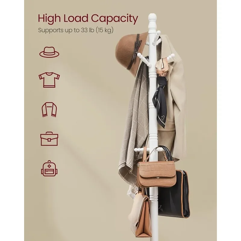 Solid Wood Coat Rack and Stand, Free Standing Hall Coat Tree with 10 Hooks for Hats, Bags, Purses, for Entryway