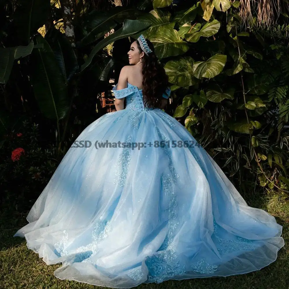 Vestido De quinceañera con espalda abierta, traje De baile con cuentas De cristal, hombros descubiertos, apliques De encaje, corsé, 15 años