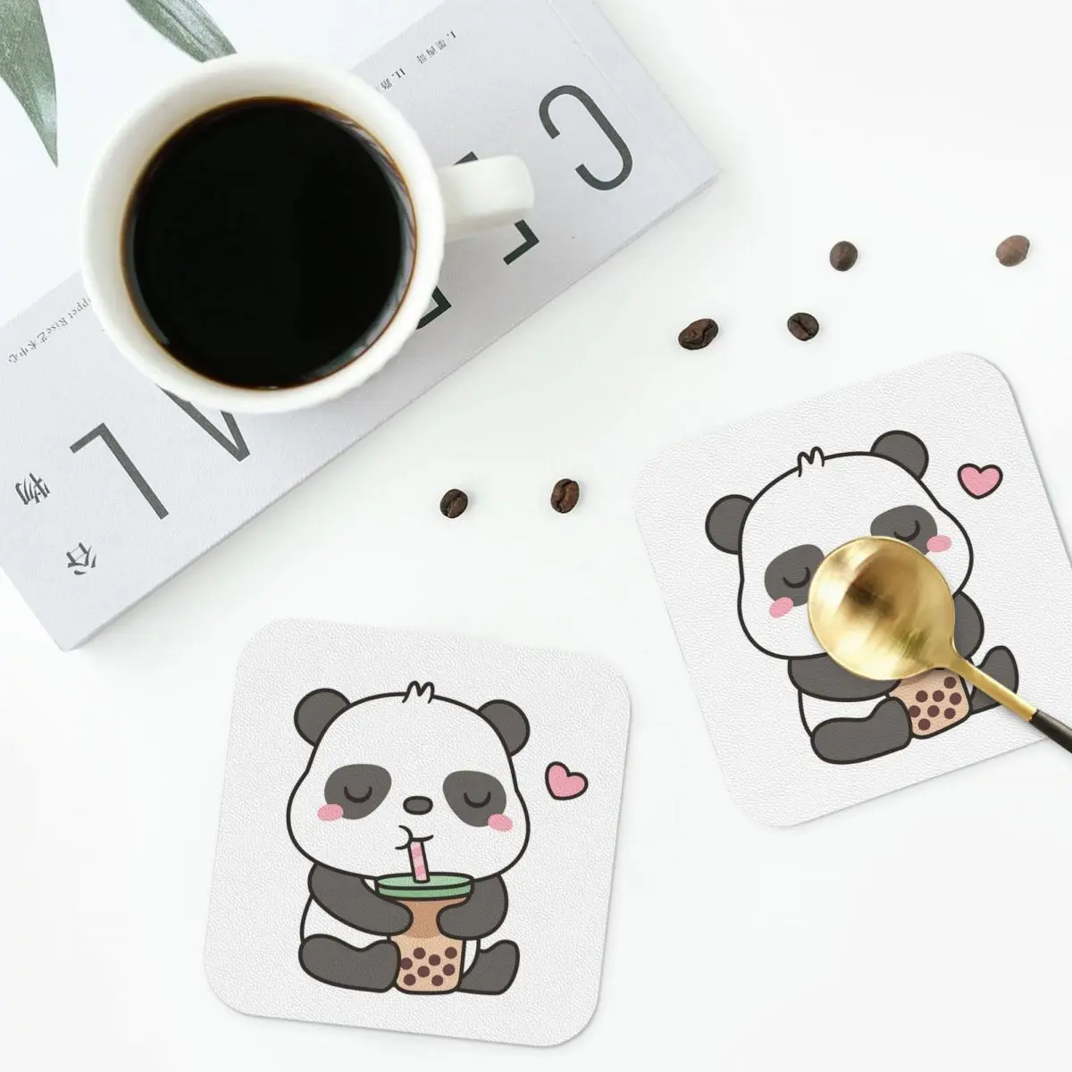 Cute Little Panda Enjoying Boba T Coasters PVC Leather Placemats Waterproof Coffee Mats for Home Kitchen Dining Pads Set of 6