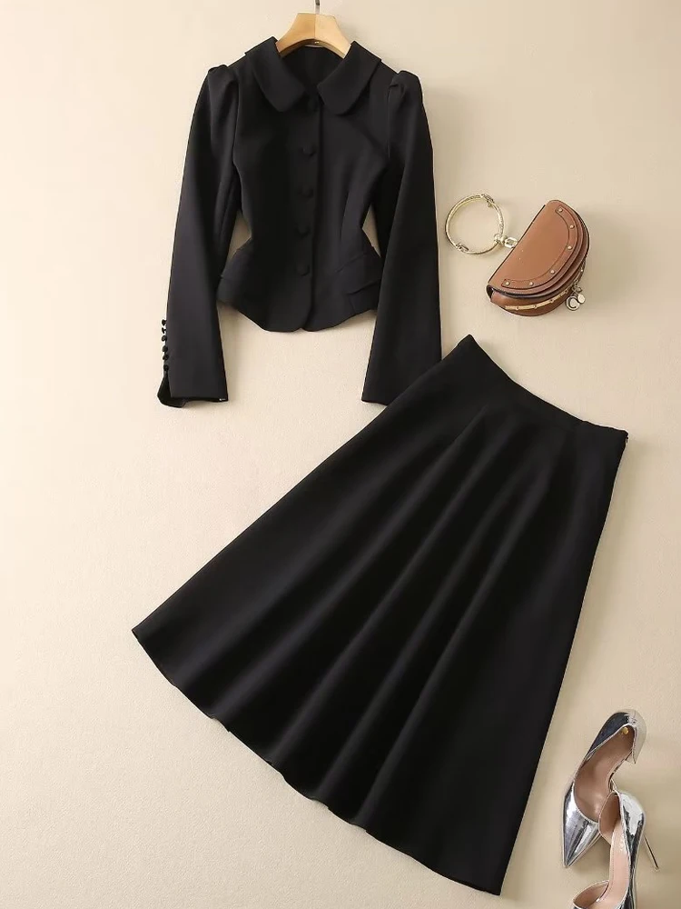 European Station 2023 Spring Autumn New Fashion High-End Office Lady Two-Piece Black Long Sleeve Suit Skirt Women\'s Suit