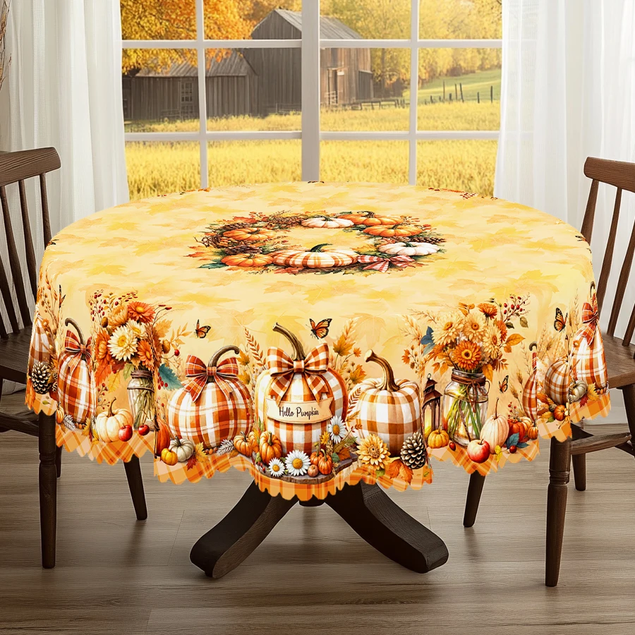1 Piece of Autumn Thanksgiving and Autumn Harvest Festival Themed Printed Tablecloth, Vintage Country Farmhouse Style, Bright Pumpkins, Floral Pattern Design, Suitable for Holiday Gatherings, Camping Picnics, Garden Bbqs, Birthday Party Decorations, Kitchen Accessories, Tablecloth for Indoor and Outdoor Use in Restaurants and Patios, Perfect Gift for Friends, Round and Rectangular Tablecloths, Available in Various Sizes