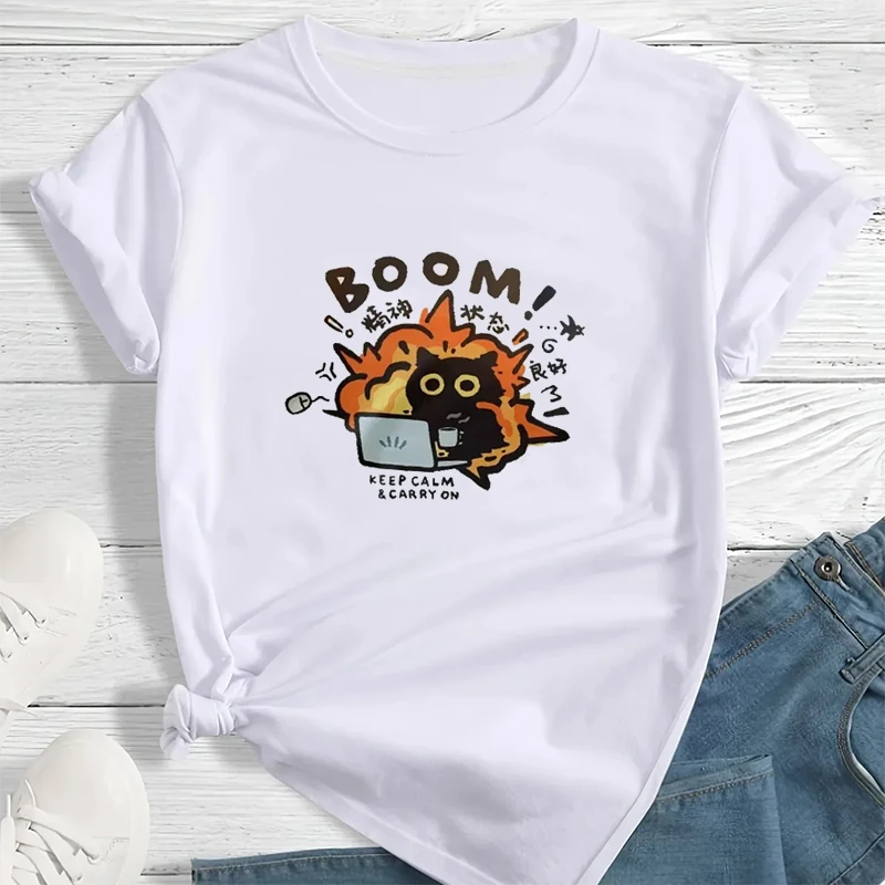 

Kawaii Good Mental State Short Sleeved T-shirt for Women T Shirt Clothes Loose Casual Streetwear Cartoon Unisex Clothing Top Y2k