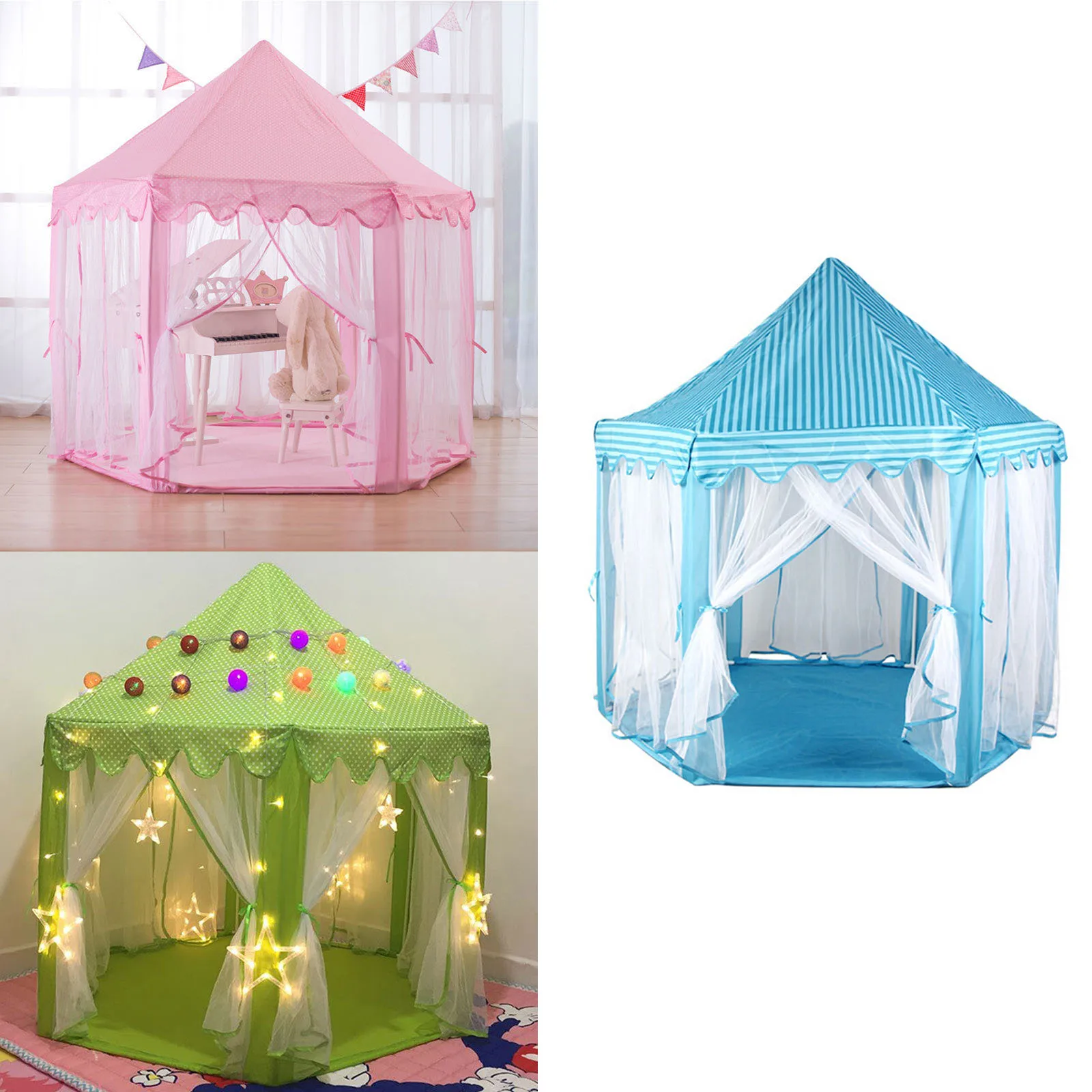 

Kids Teepee Hexagonal Tent Girls Castle Play House Playhouse Blue Outdoor Child