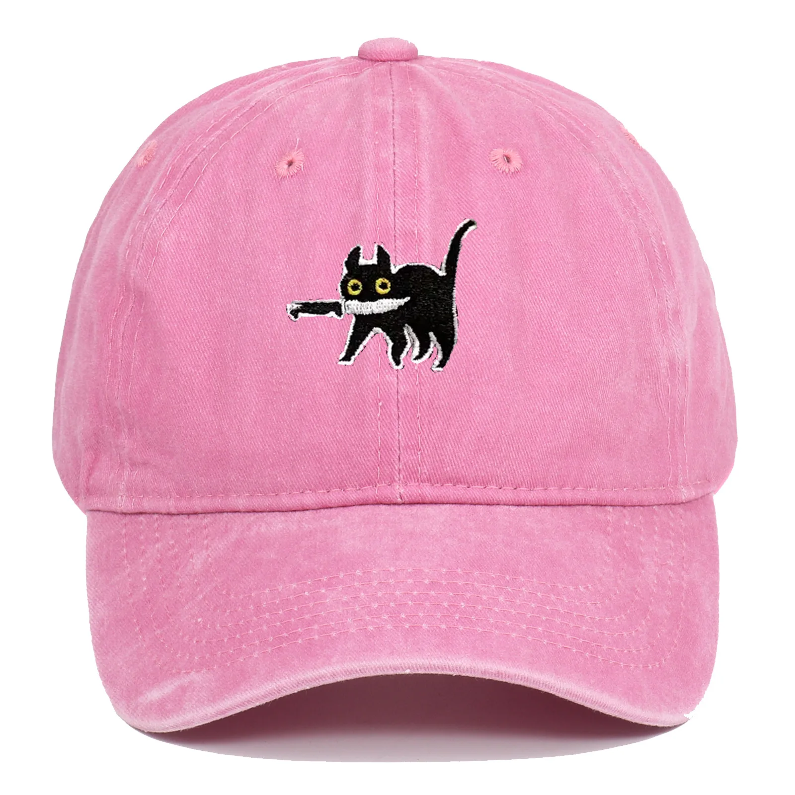 

Cat Bite Knife Pattern Embroidered Baseball Hat Retro distressed Washed Outdoor Hat