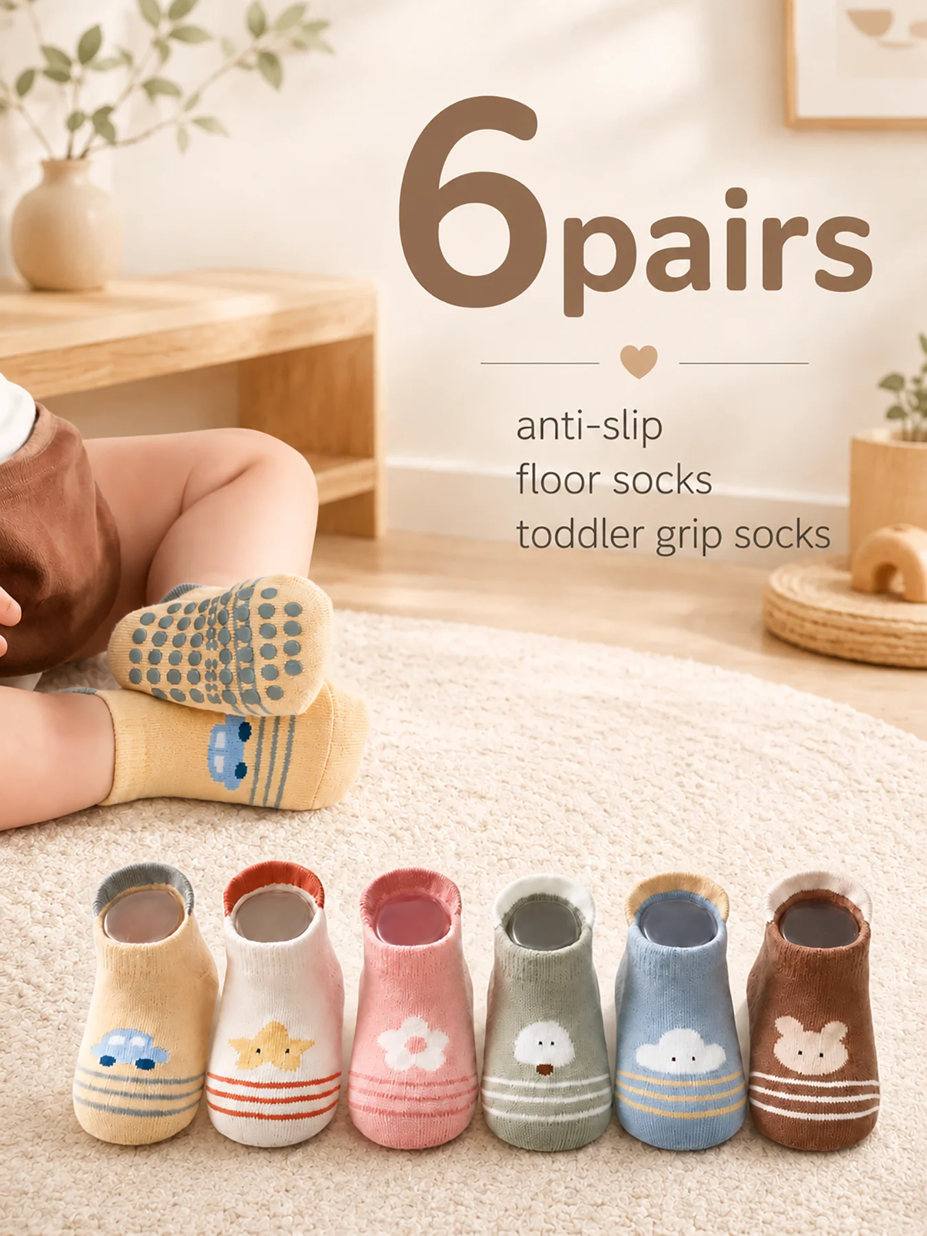 6 Pairs Cartoon Anti-slip Socks for Kids, Baby Floor Socks for Learning to Walk, Breathable Short Socks for Infants Indoor Use