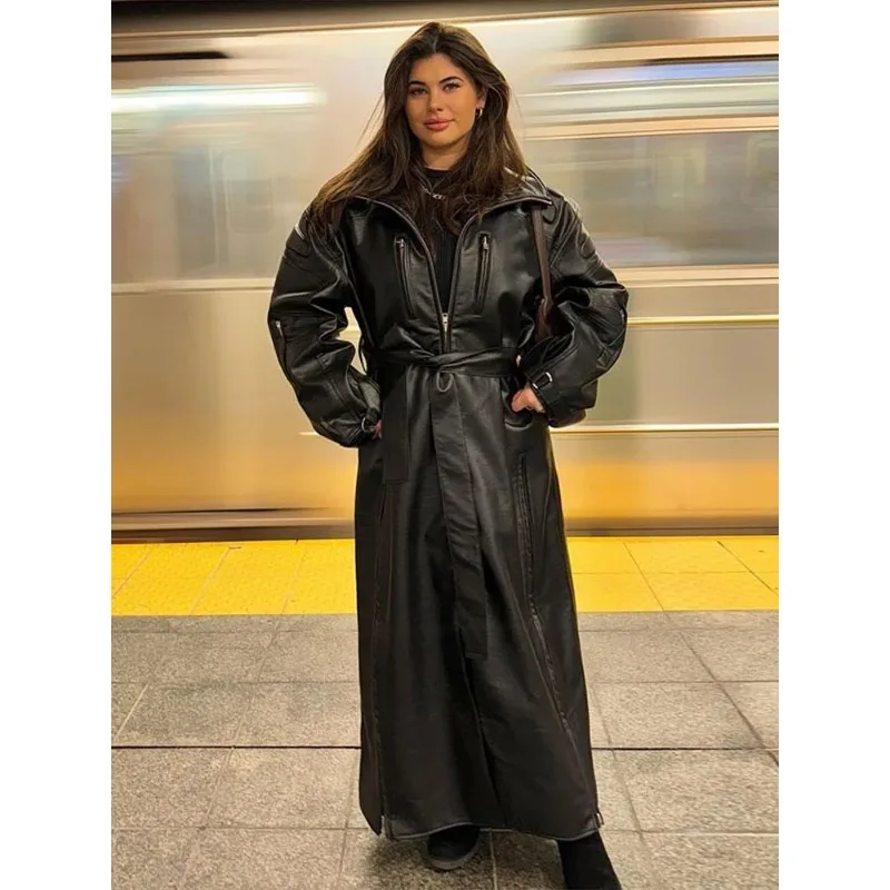 

Retro luster long jacket for women, retro lapel, zipper, irregular split lace-up coat 2026