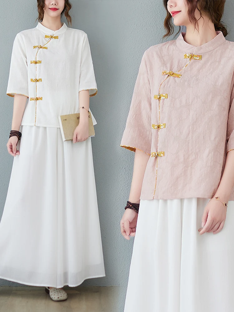 

New Chinese Style Cotton Linen Shirt Wide Leg Pants Two Piece Set Women's Fashion Summer Clothing Button up Stand Collar