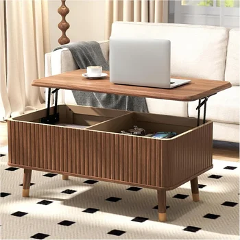 Image Lift Top Coffee Table with Storage,Mid Century Modern Coffee Table,Fluted Wood Coffee Table,Multi-Functional Center Table