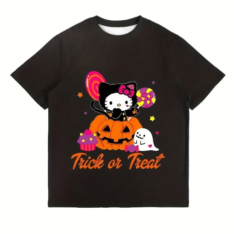 

New MINISO Sanrio Hello Kitty Halloween 3D Printed T-shirt Suitable for Halloween Costumes, Casual Loose Breathable Tops