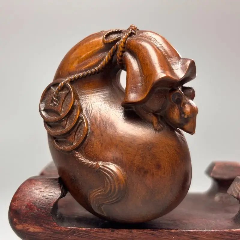 59mm Boxwood Carved Rat Mouse on Money Bag Statue Chinese Zodiac Rat With Ancient CoinsWealth Lucky Figurine