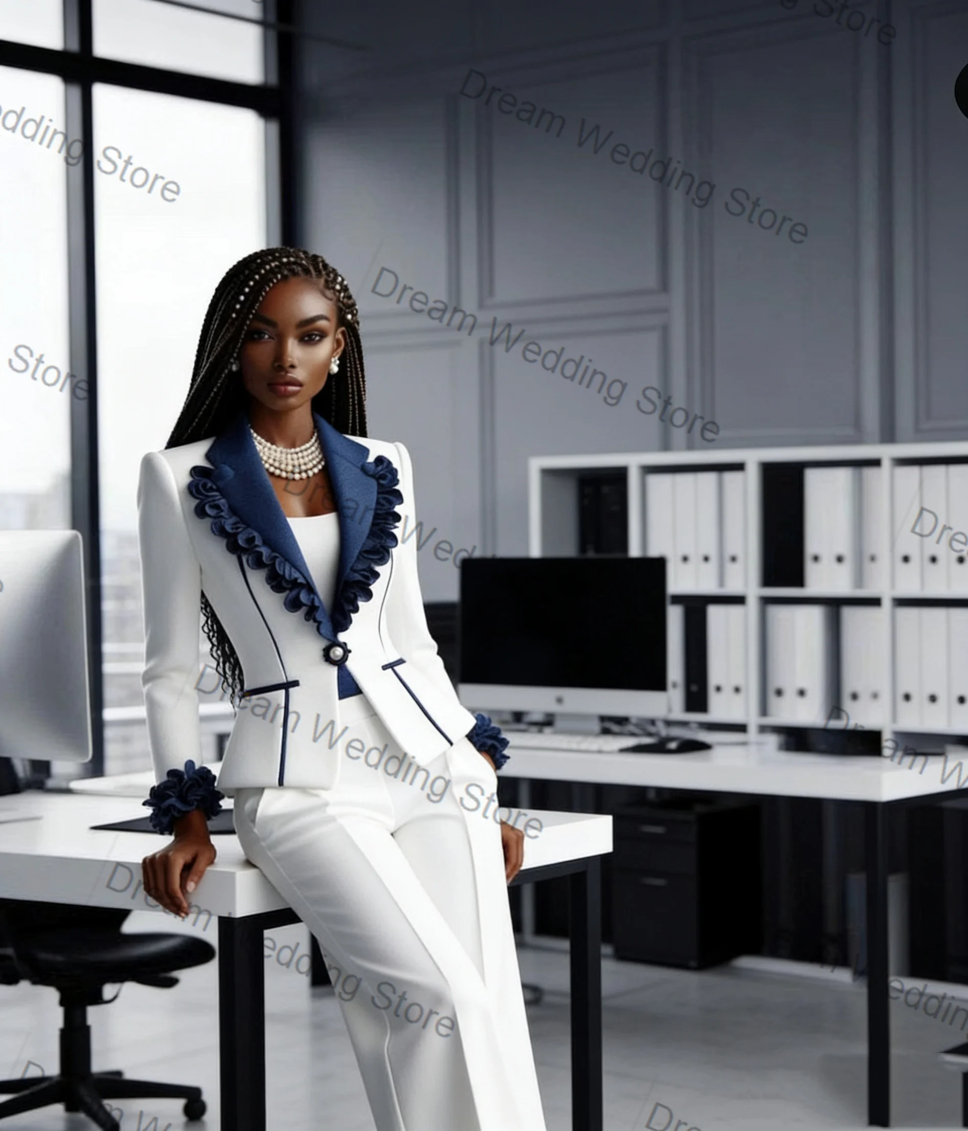 

White Blue Women Suit Set 2 Pcs Blazer+Pants Trousers Ruffles Spring Formal Office Lady Jacket Customized Wedding Guest Coat
