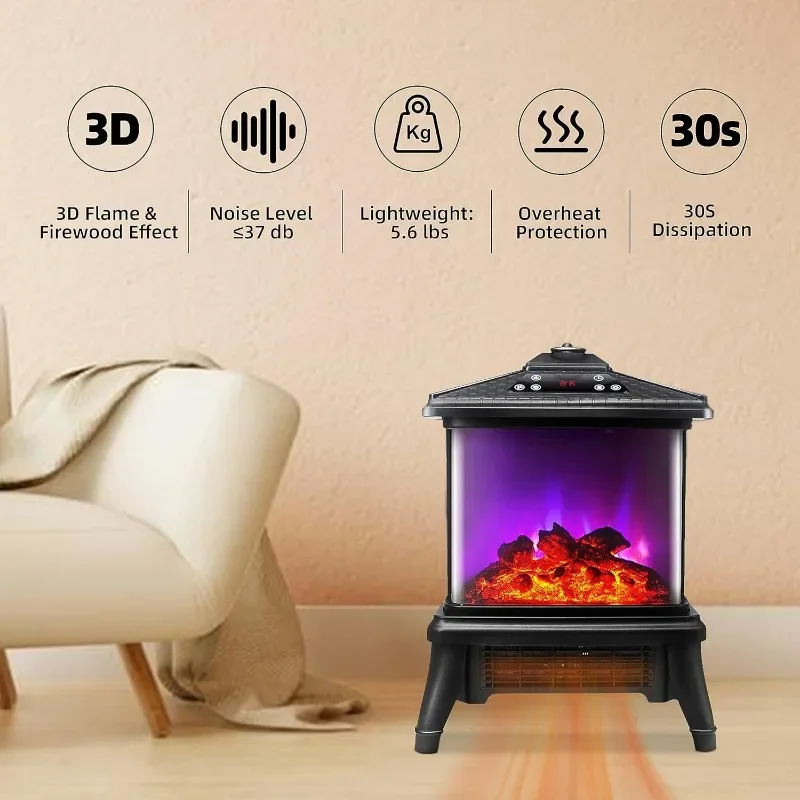 Electric Fireplace Heater 1500W 3 Sided Portable Freestanding Stove Heater Realistic Flame Effect 7 Colors& 3 Brightness