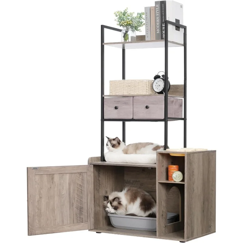 Cat Litter Box Enclosure with 2 Storage Shelves and 2 Drawers, Large Hidden Cat Litter Box Furniture with Upholstered