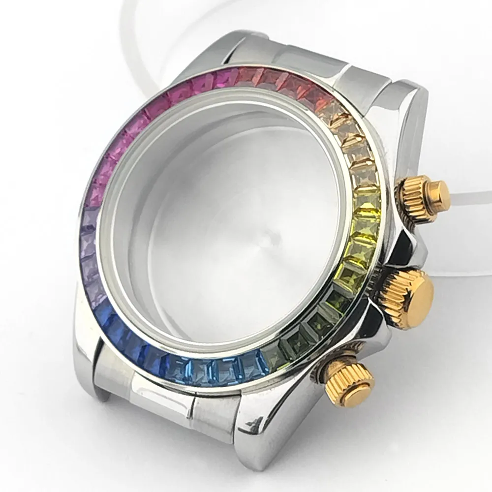 39,3 mm farbiges Kristall-Diamant-Gehäuse, passend für VK63-Uhrwerk, Silber, Roségold, Schwarz, Uhrenzubehörteile, kann zusammengebaut werden. – Detail 8