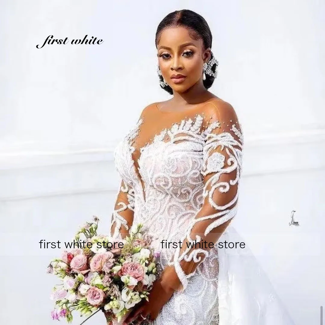 Customized Plus Size Mermaid 2025 Wedding Dress Detachable Train Beaded Lace Appliqued African Aso Ebi Bridal Gown Robe DeMariée