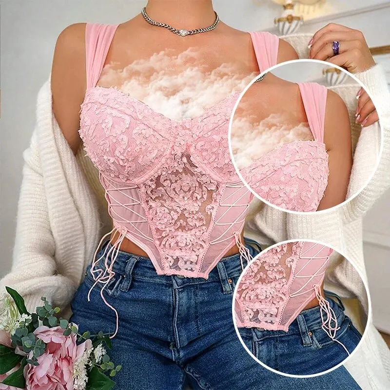 Women\'s New Pink Lace Embroidered Flower Wide Shoulder Straps Design Women\'s Sexy Mesh Embroidered Bra