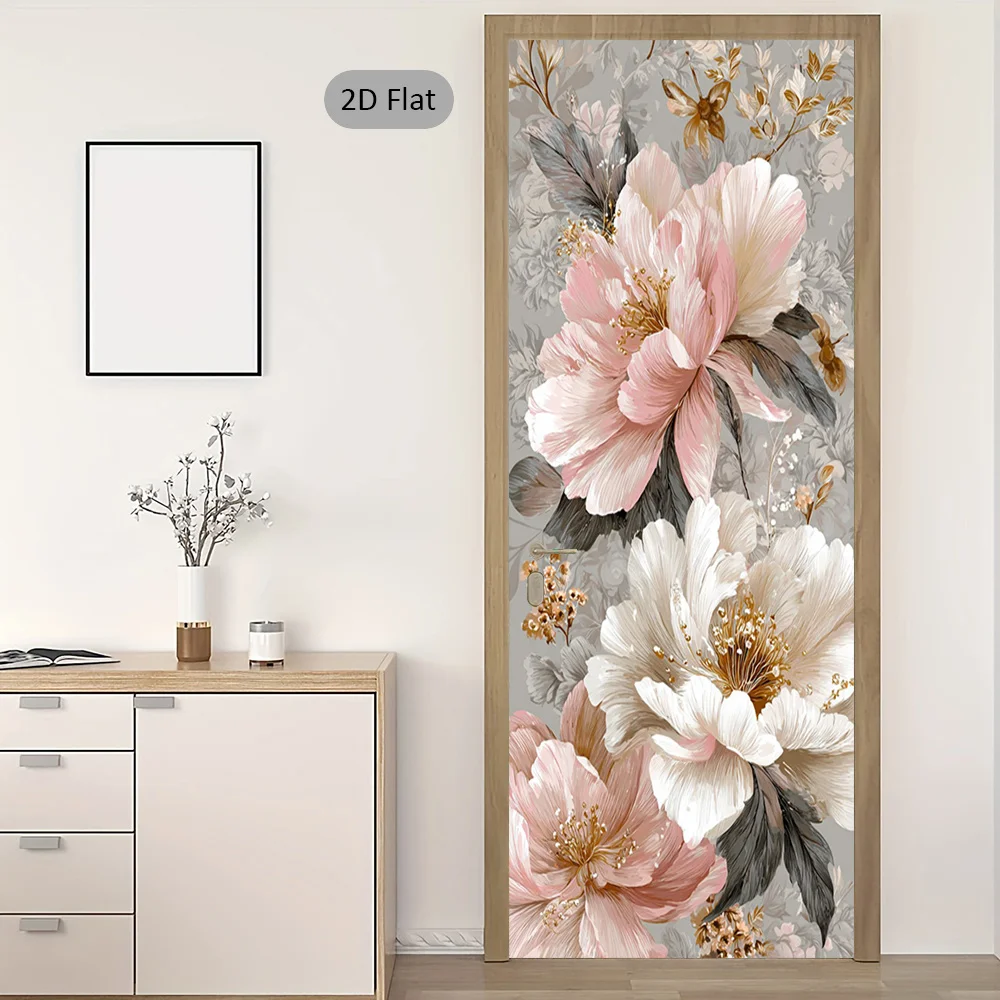 

1 pair of elegant floral door stickers, soft pink self-adhesive wall stickers - gold embellishment stickers - fashionable door w