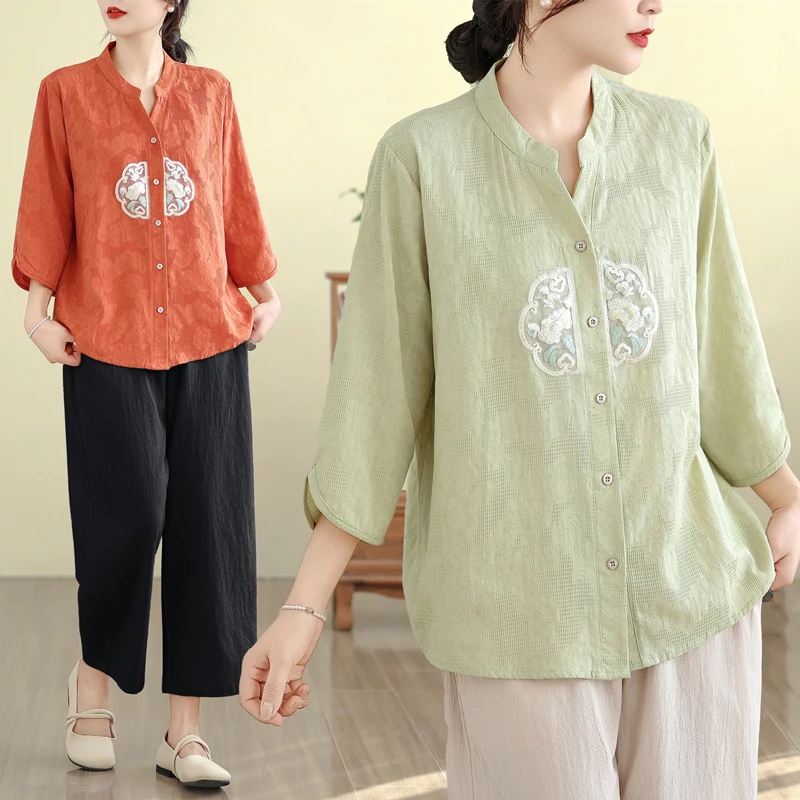 

Women's Cotton Linen irt Tee-Quarter Sve Two-Piece Set Ethnic Sle Top Quali Summer Faion Mommy Clothes