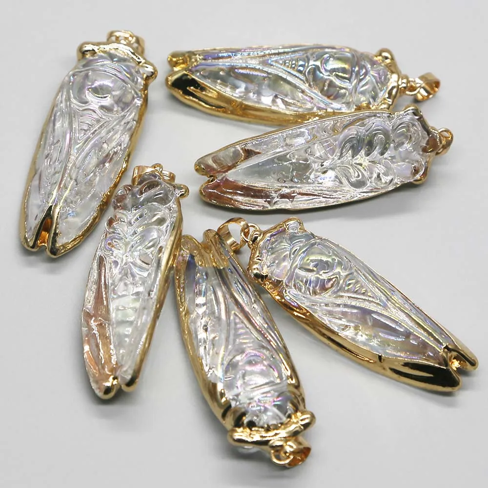 Synthetic Crystal Multicolor Cicada Cinging Gold Edge Necklace Pendants Color Changing Insect Jewelry Accessories Wholesale 8Pcs